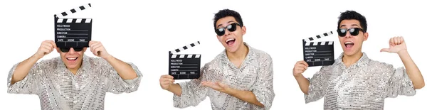 Homem com filme clapperboard isolado em branco — Fotografia de Stock