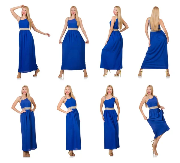 Красивая женщина в длинном голубом платье изолированы на белом — стоковое фото