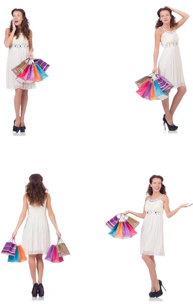 Conjunto de mujer con bolsas de compras en blanco —  Fotos de Stock
