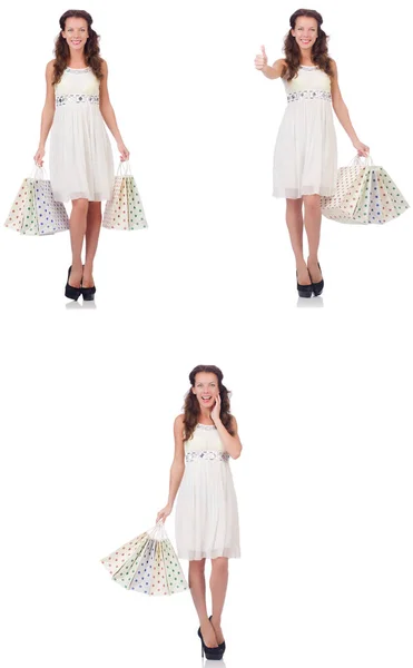Conjunto de mujer con bolsas de compras en blanco — Foto de Stock