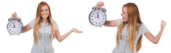 Jeune femme avec horloge sur blanc — Photo