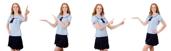 Fiatal diák nő mutatva a elszigetelt fehér — Stock Fotó