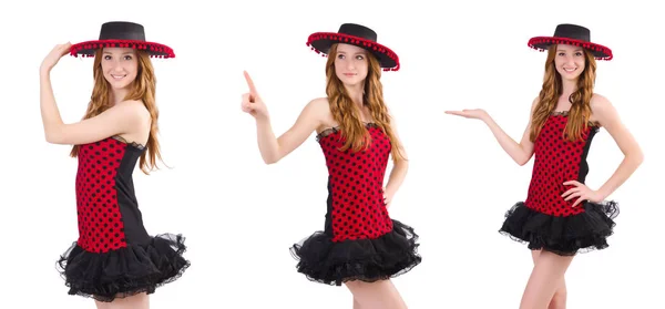 Ung rødhåret pige i polka dot kjole og sombrero isoleret på - Stock-foto