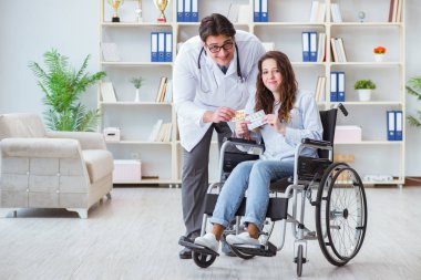 Tekerlekli sandalyedeki hasta düzenli kontrol için doktoru ziyaret ediyor.