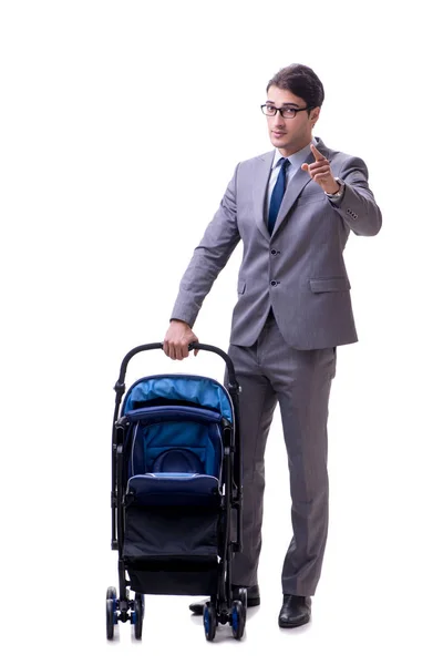 Ung pappa affärsman med baby barnvagn isolerad på vit — Stockfoto