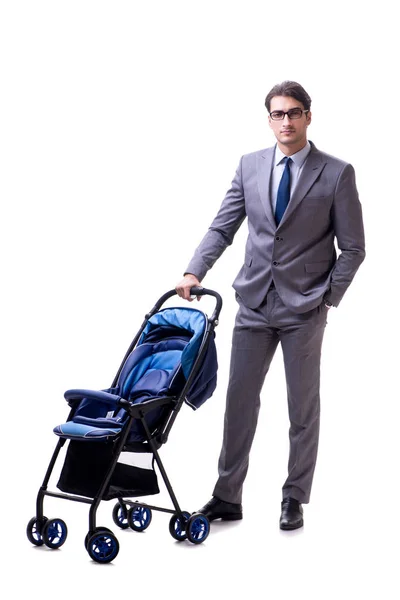Young dad businessman with baby pram isolated on white — Stock Photo, Image