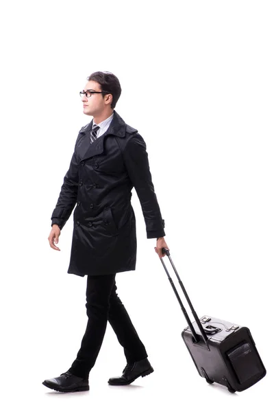 Young businessman with suitcase ready for business trip on white — Stock Photo, Image
