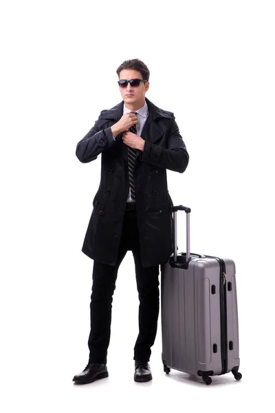 Jovem empresário com mala pronta para viagem de negócios em branco — Fotografia de Stock