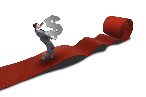 Uomo d'affari con dollari sul tappeto rosso - isolat sfondo bianco — Foto Stock