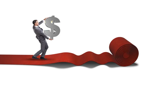 Businessman with dollars on red carpet - white background isolat — Stock Photo, Image