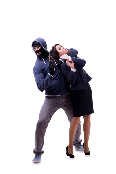 Businesswoman is kidnapped by the gunman — Stock Photo, Image