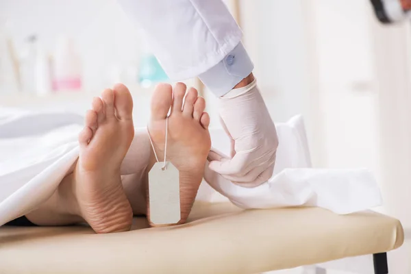 Politie lijkschouwer onderzoekt lijk in mortuarium — Stockfoto