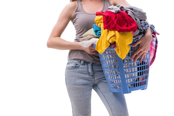 Nő ruhakosárral a mosodába — Stock Fotó
