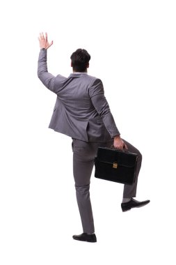 İşadamı beyaz üzerine izole edilmiş sanal engeli tırmanıyor