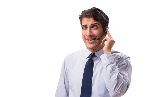 Homem com fone de ouvido isolado no fundo branco — Fotografia de Stock