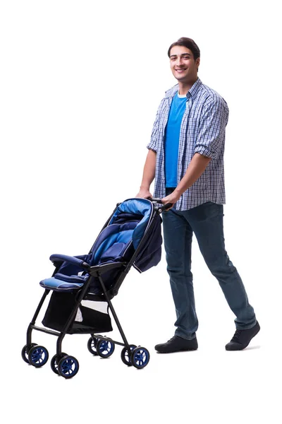 Jonge vader met kinderwagen geïsoleerd op wit — Stockfoto