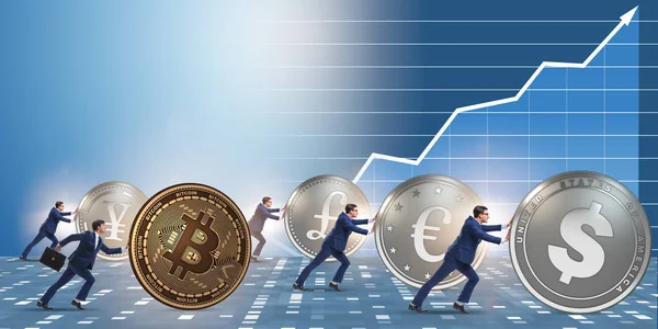 Biznesmen pchanie bitcoin w koncepcja kryptowaluty — Zdjęcie stockowe