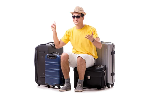 Szczęśliwy młody człowiek jedzie na letnie wakacje odizolowany na białym — Zdjęcie stockowe