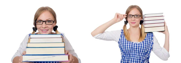 Estudiante divertido con pila de libros — Foto de Stock