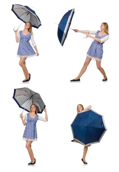 Woman with umbrella isolated on white — Stock Photo, Image