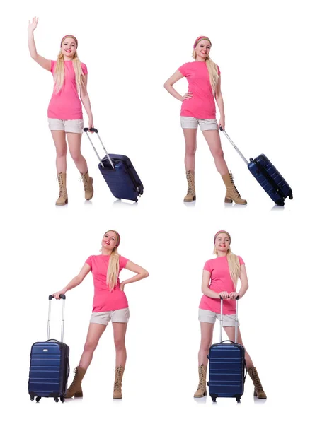 Young woman with suitcase ready for beach holiday — Stock Photo, Image