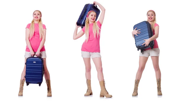 Young woman with suitcase ready for beach holiday — Stock Photo, Image