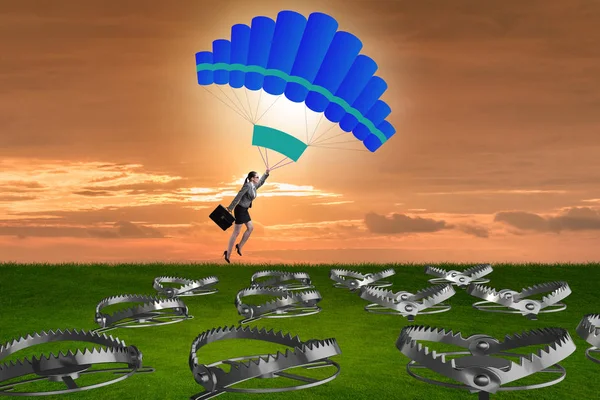 Empresaria cayendo en trampa en paracaídas — Foto de Stock