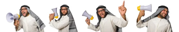 Arabische man met luidspreker geïsoleerd op wit — Stockfoto