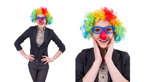 Grappige vrouw clown geïsoleerd op de witte — Stockfoto
