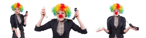 Affärsman med clown peruk isolerad på vit — Stockfoto