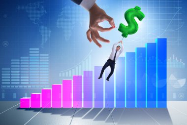 Dolar işareti üzerinde uçan bir iş adamı. Finansal olarak şişirilebilir balon.