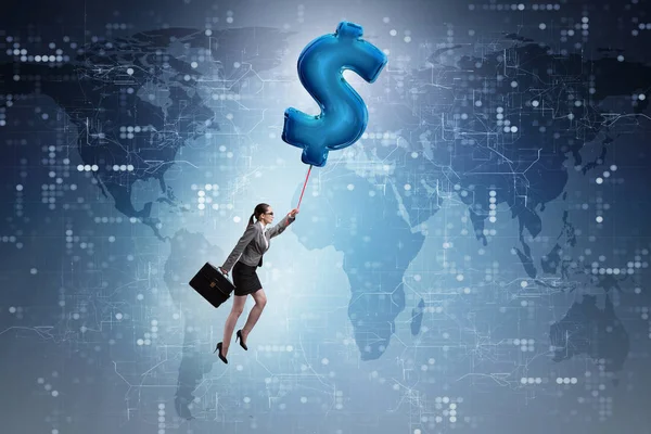 Mujer de negocios volando en globo inflable signo de dólar —  Fotos de Stock