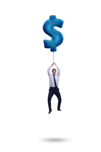 Affärsman som flyger på dollartecken uppblåsbar ballong — Stockfoto