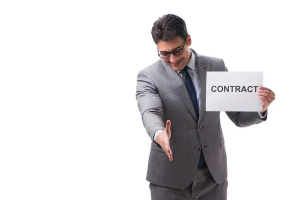 Empresário no conceito de contrato de trabalho isolado no bac branco — Fotografia de Stock