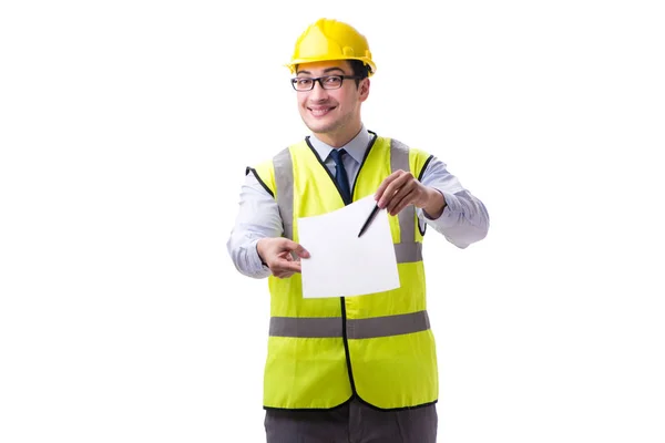 Supervisor de construcción con hoja en blanco aislado en respaldo blanco — Foto de Stock