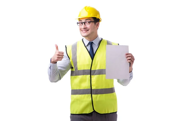 Supervisor de construcción con hoja en blanco aislado en respaldo blanco — Foto de Stock