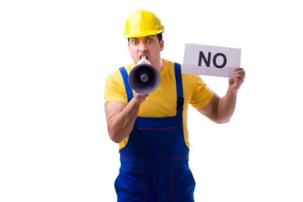 Trabajador respondiendo negativamente no aislado en blanco — Foto de Stock