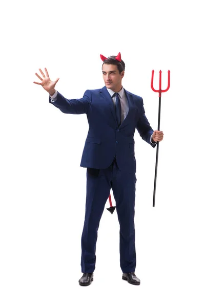 Evil devil businessman with pitchfork isolated on white backgrou — Stock Photo, Image