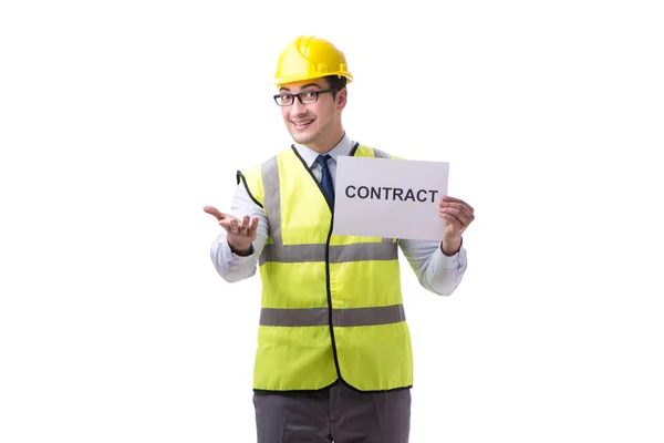 Supervisor de construção com contrato isolado em backgrou branco — Fotografia de Stock