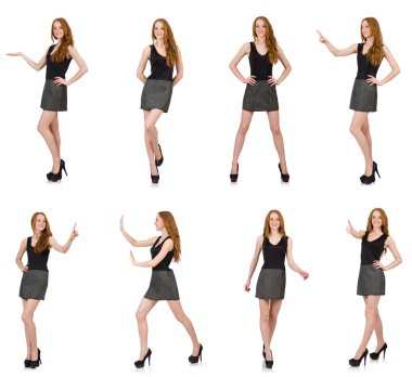 Beyaz izole gri elbiseli kızıl saçlı kız