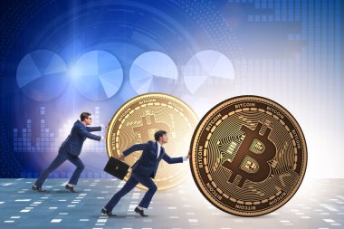 İşadamı, kripto para zinciri konseptinde bitcoin basıyor