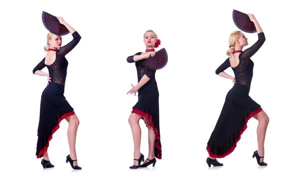 Vrouw dansen Spaanse dans geïsoleerd op wit — Stockfoto