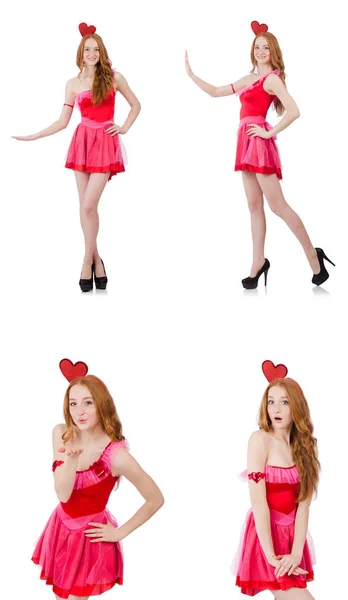 Pěkný mladý model v mini růžové šaty izolované na bílém — Stock fotografie