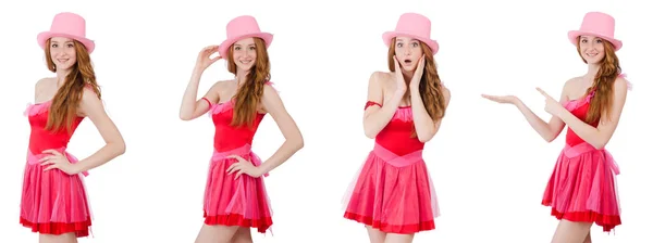 Feiticeiro muito jovem em mini vestido rosa isolado no branco — Fotografia de Stock