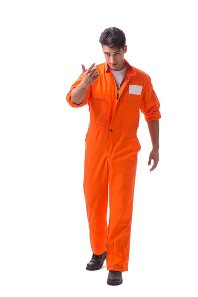Prisionero en bata naranja aislado sobre fondo blanco — Foto de Stock