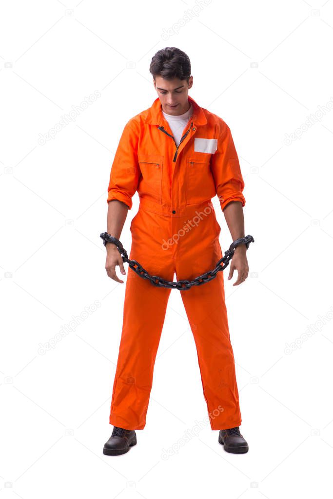 Prisoner with his hands chained isolated on white background