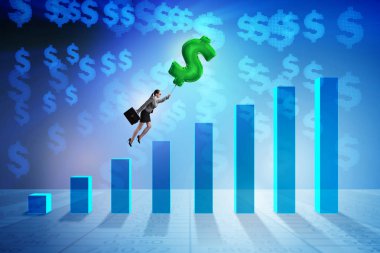Dolar işareti şişme balon fina üzerinde uçan iş kadını
