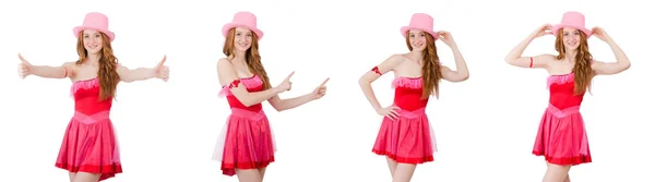 Hübsche junge Zauberin in rosa Minikleid isoliert auf weiß — Stockfoto