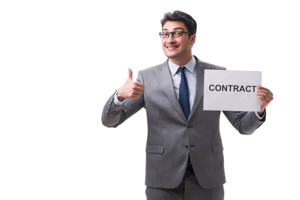 Empresário no conceito de contrato de trabalho isolado no bac branco — Fotografia de Stock