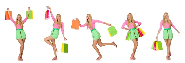 Donna con shopping bags isolata su bianco — Foto Stock